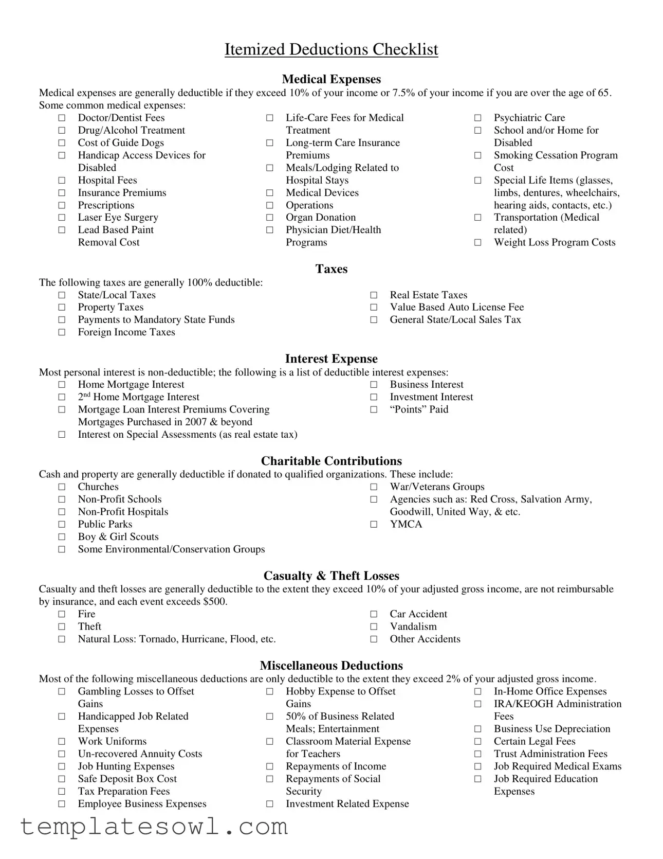 Fill Out Your Itemized Deductions Checklist Form