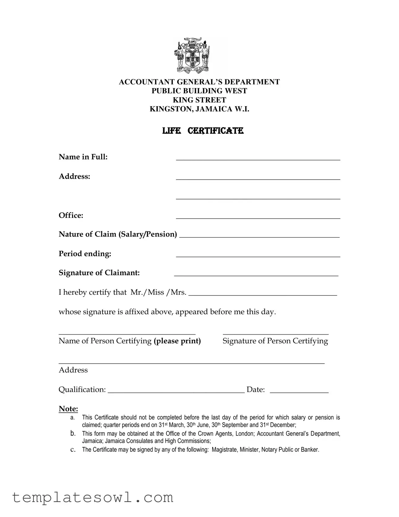 Fill Out Your Jamaica Life Certificate Form