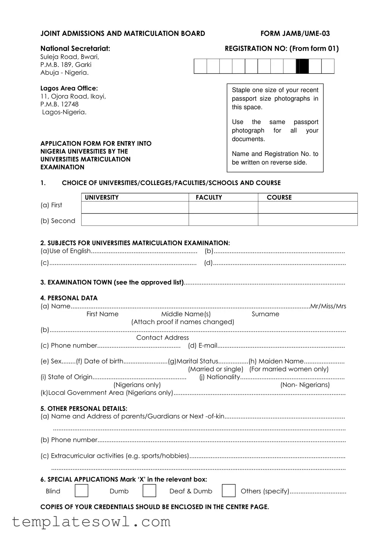 Fill Out Your Jamb Ume 03 Form