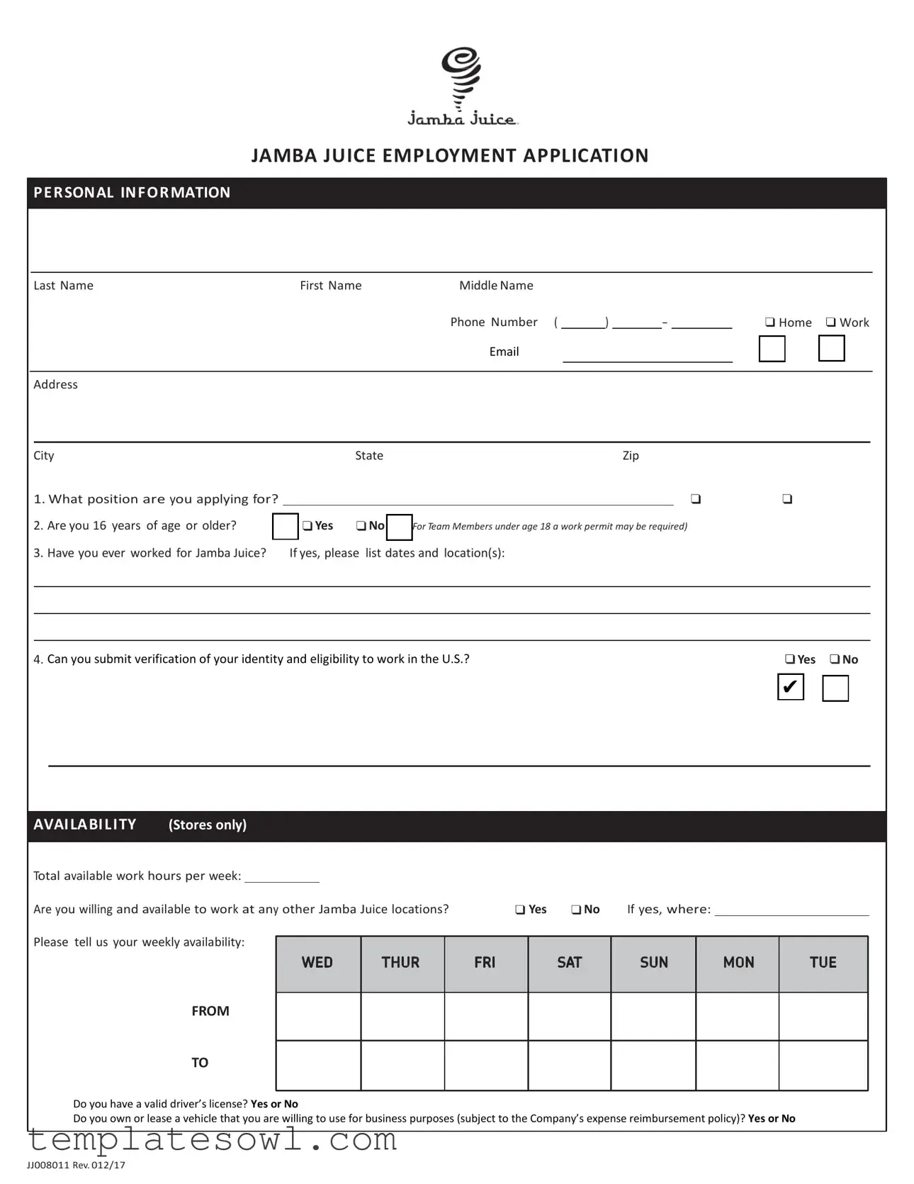 Fill Out Your Jamba Juice Job Application Form