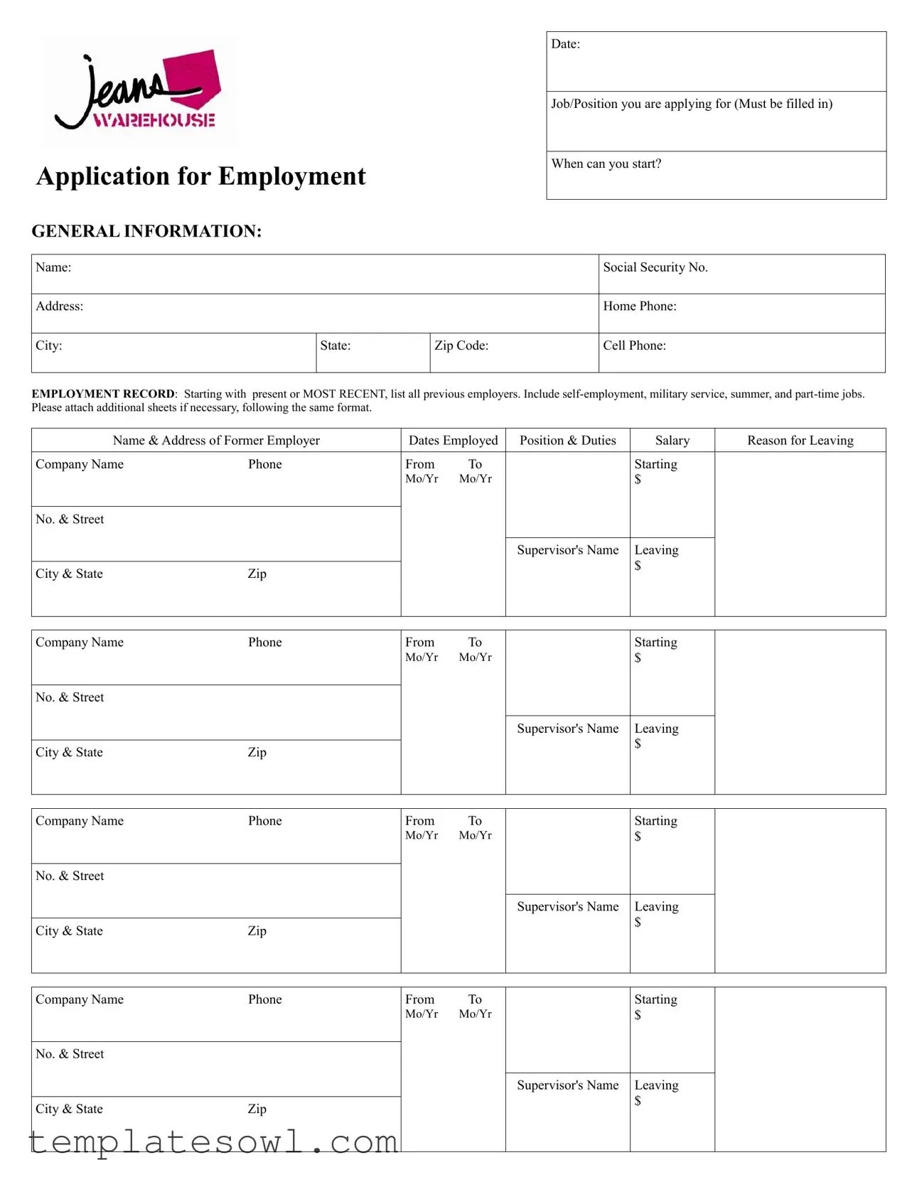 Fill Out Your Jeans Warehouse Application Pdf Form