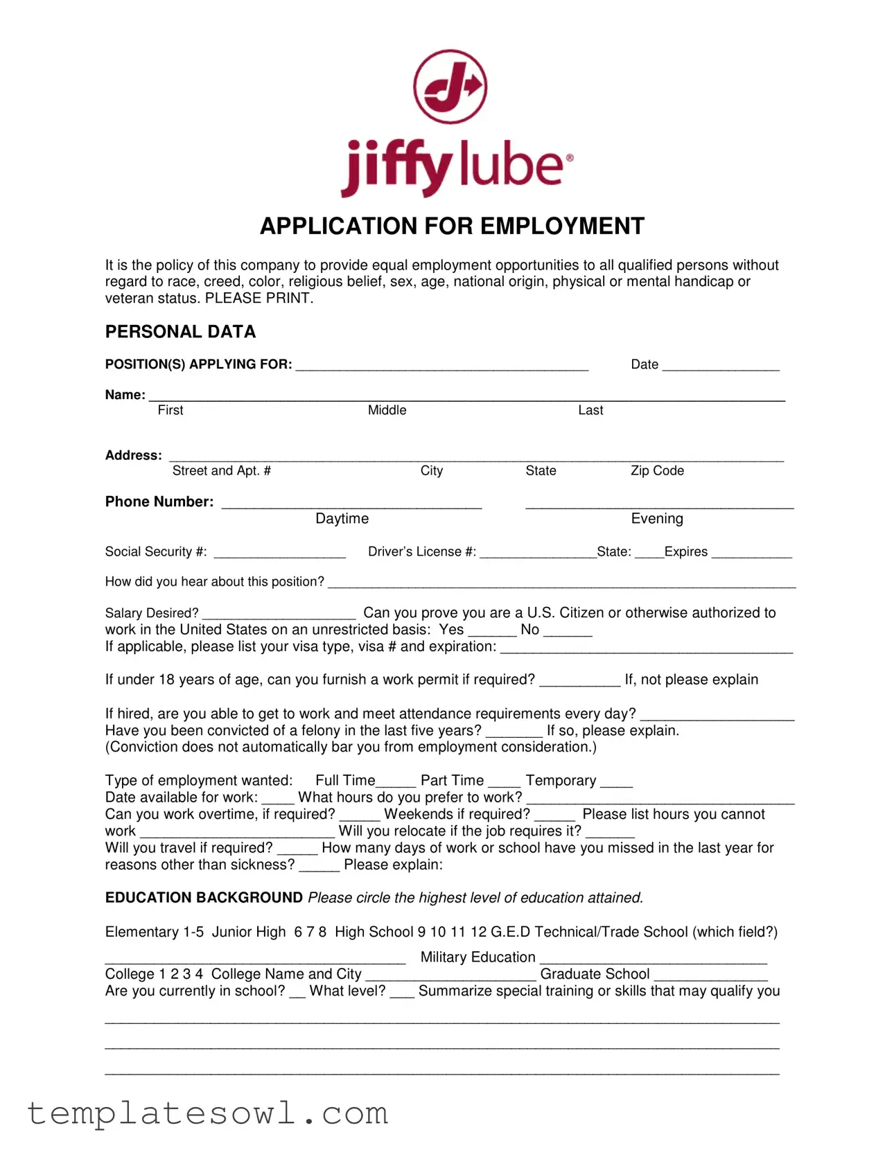 Fill Out Your Jiffy Lube Job Application Form