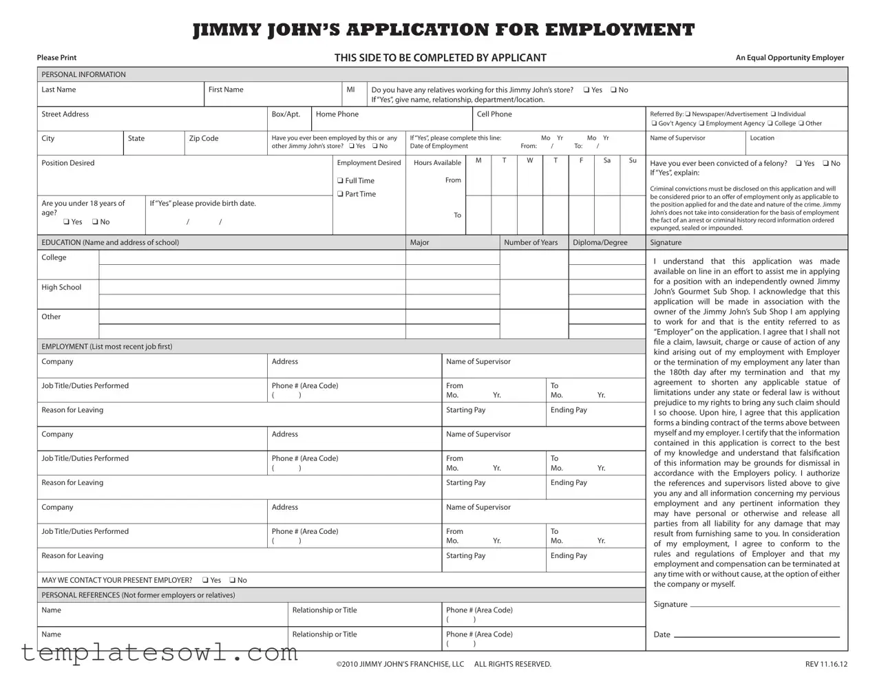 Fill Out Your Jimmy John Job Application Form