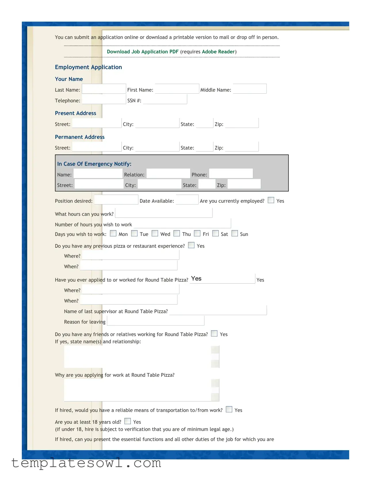 Fill Out Your Job Application Round Table Pizza Form