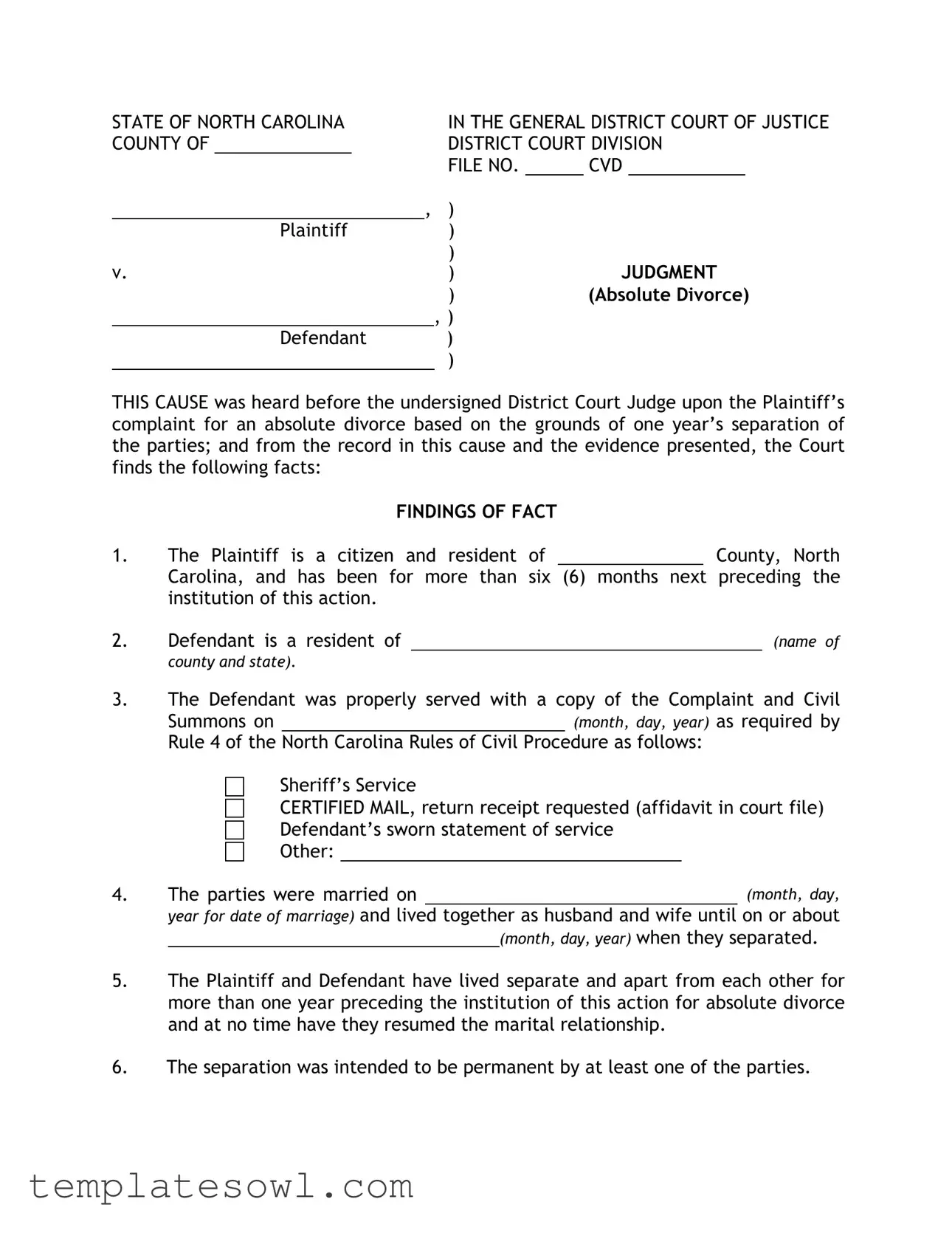 Fill Out Your Judgement Absolute Divorce Nc Form