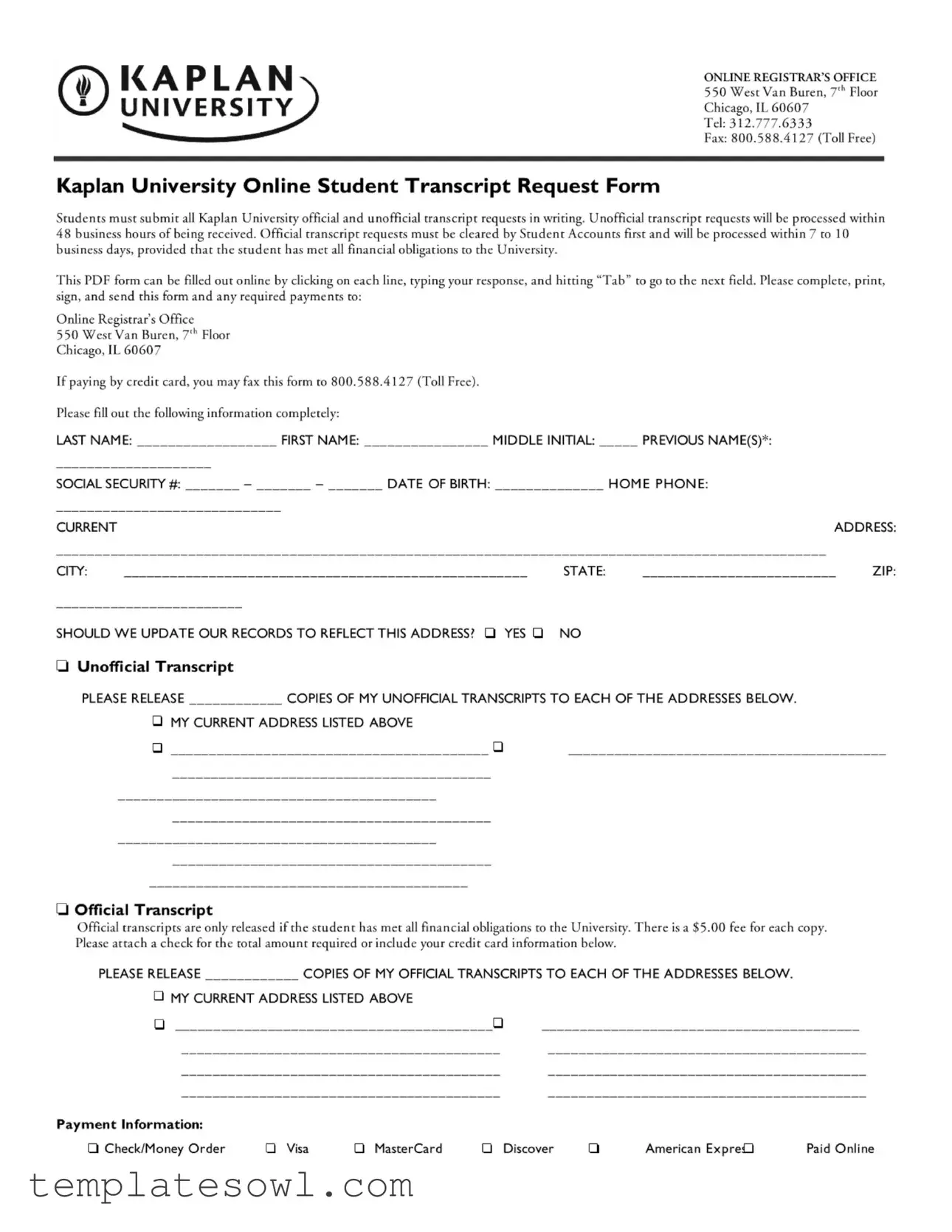 Fill Out Your Kaplan University Transcript Form
