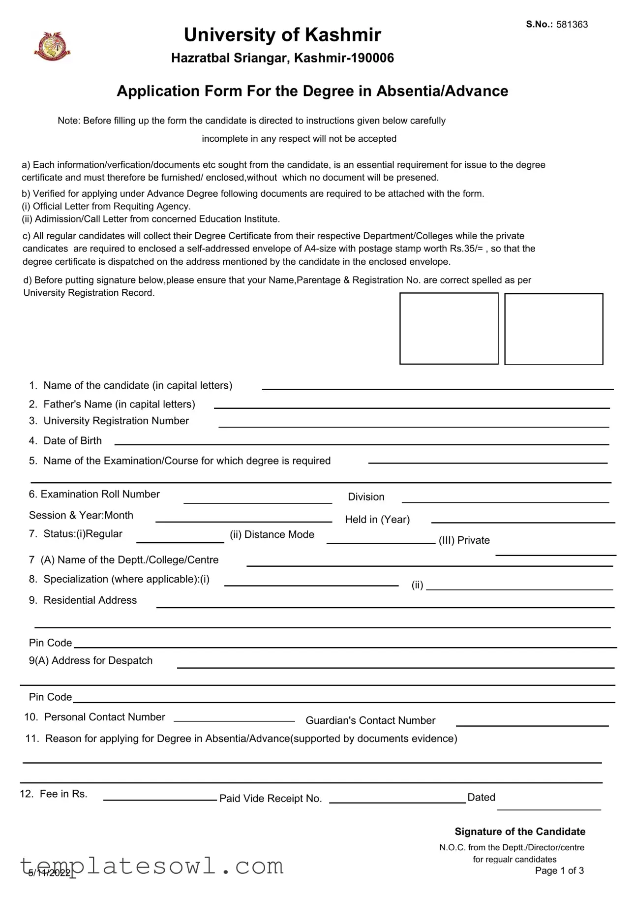 Fill Out Your Kashmir University Degree Certificate Form