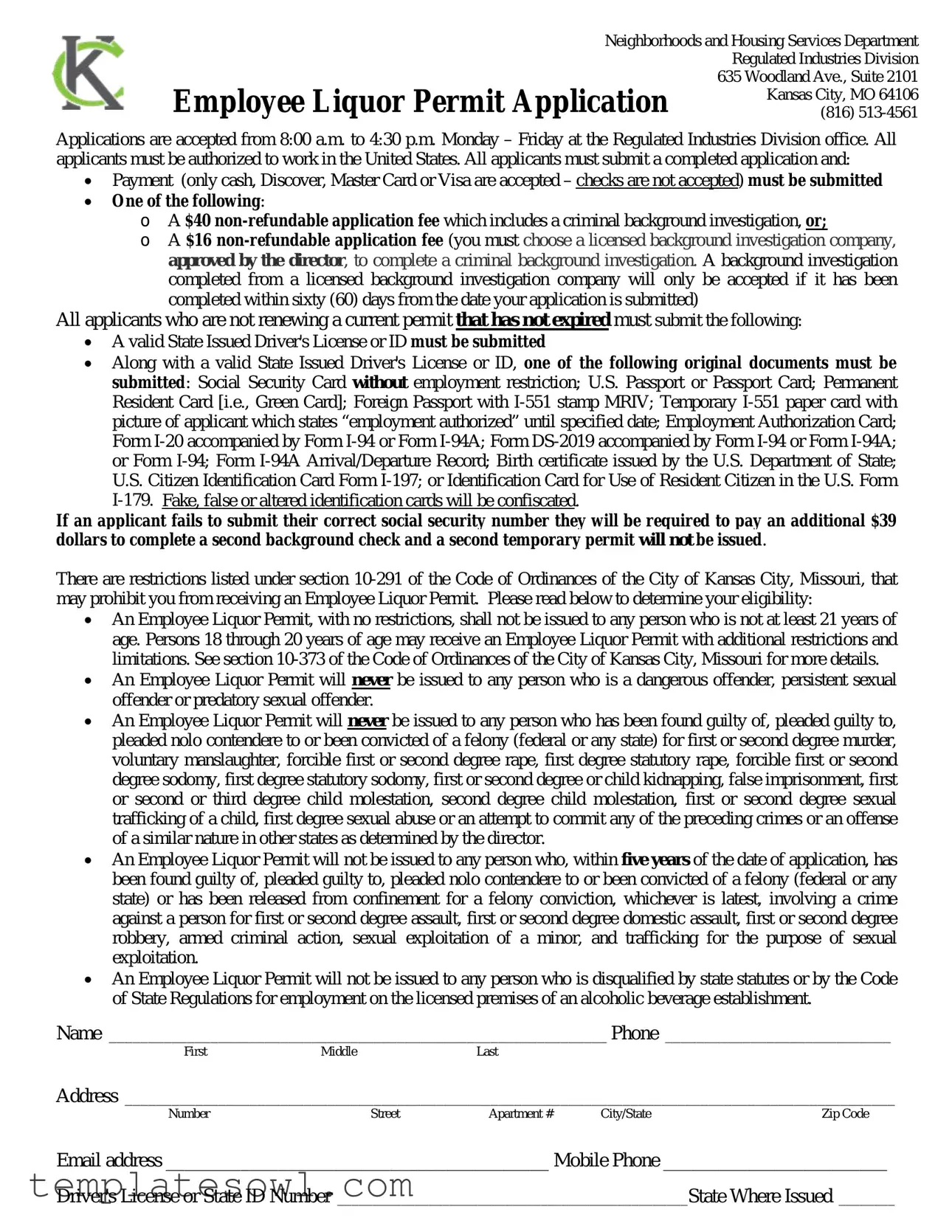 Fill Out Your Kcmo Employee Liquor Form