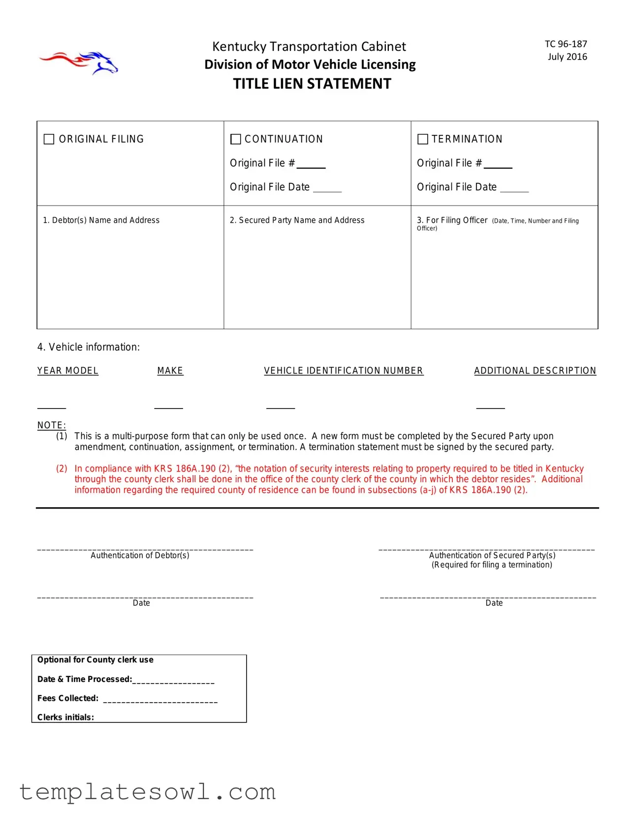 Fill Out Your Kentucky Tc 96 187 Form