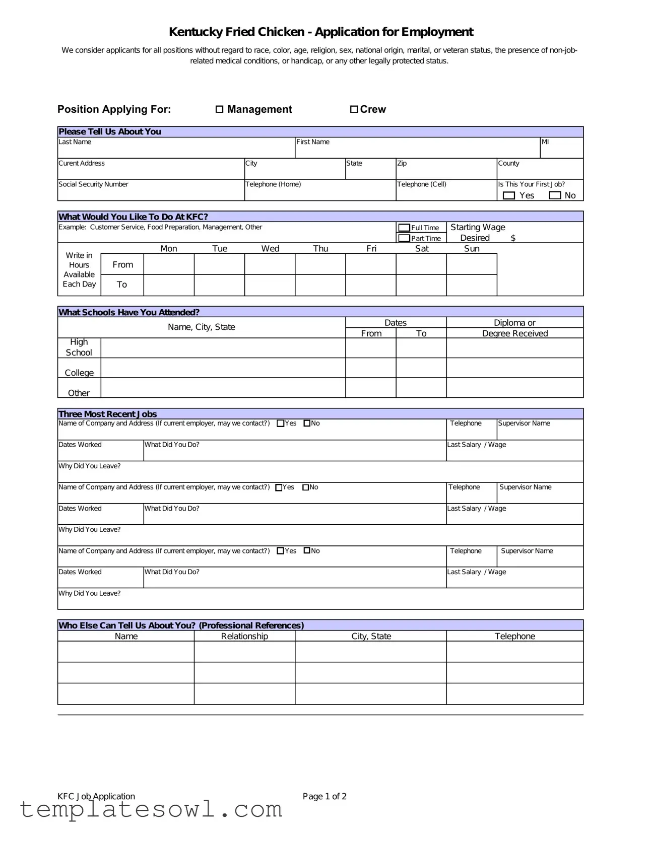 Fill Out Your Kfc Application Form