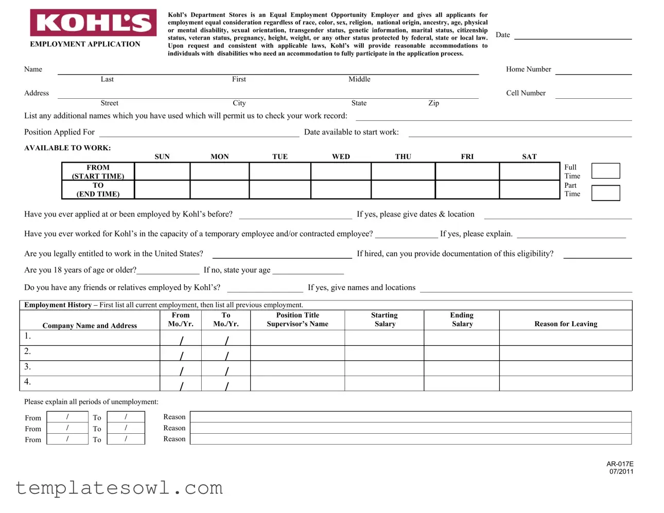 Fill Out Your Kohls Application Employment Form