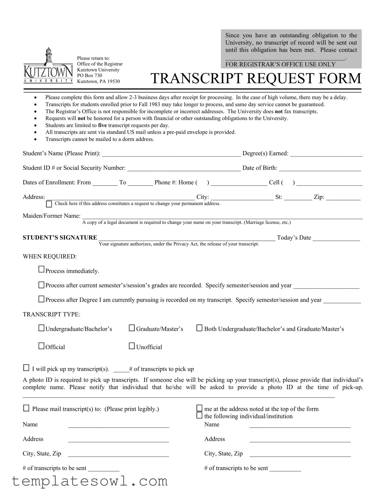 Fill Out Your Kutztown University Transcript Form