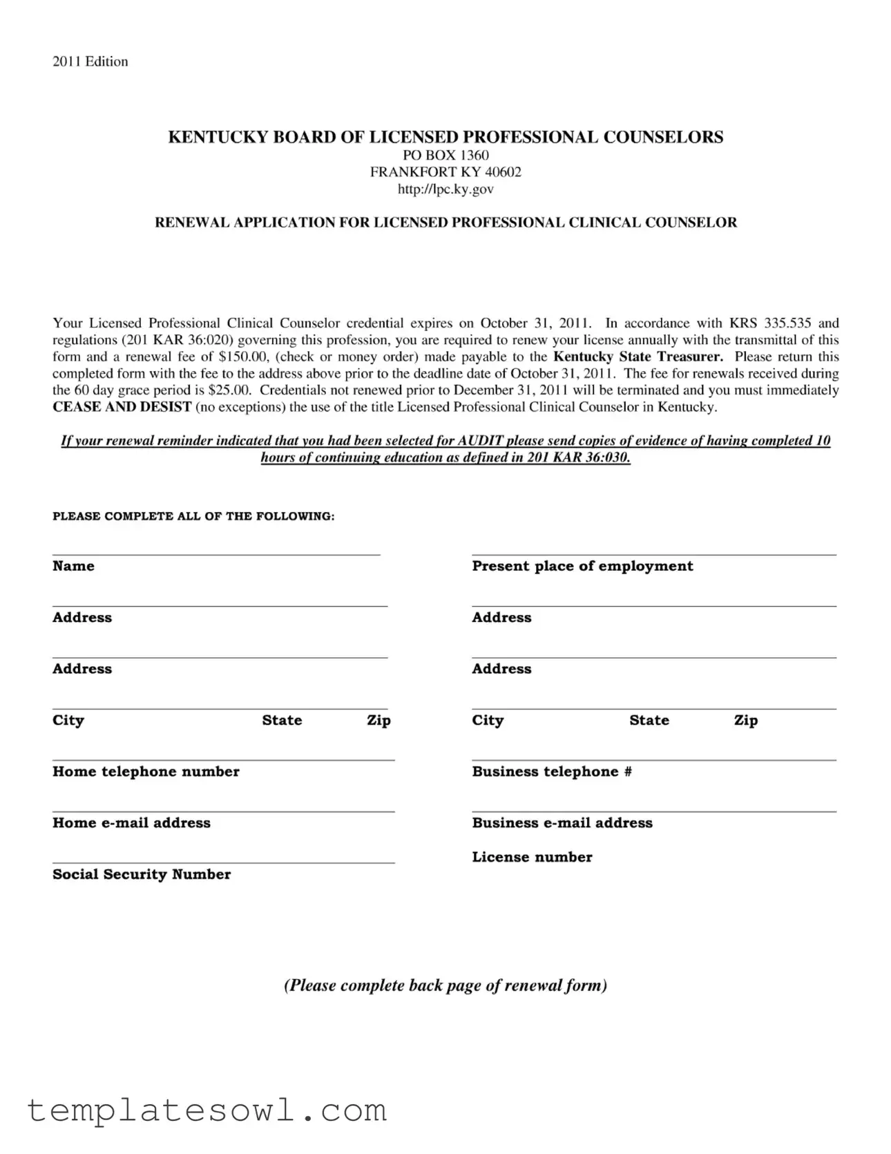 Fill Out Your Ky Lpcc License Form