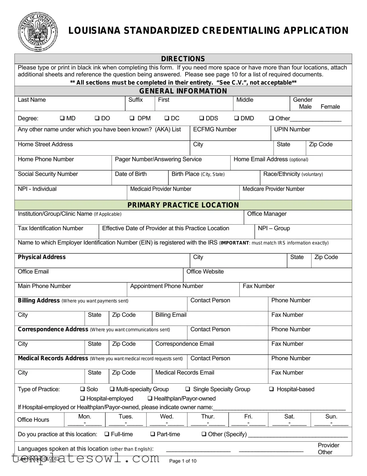 Fill Out Your La Standardized Credentialing Application Form