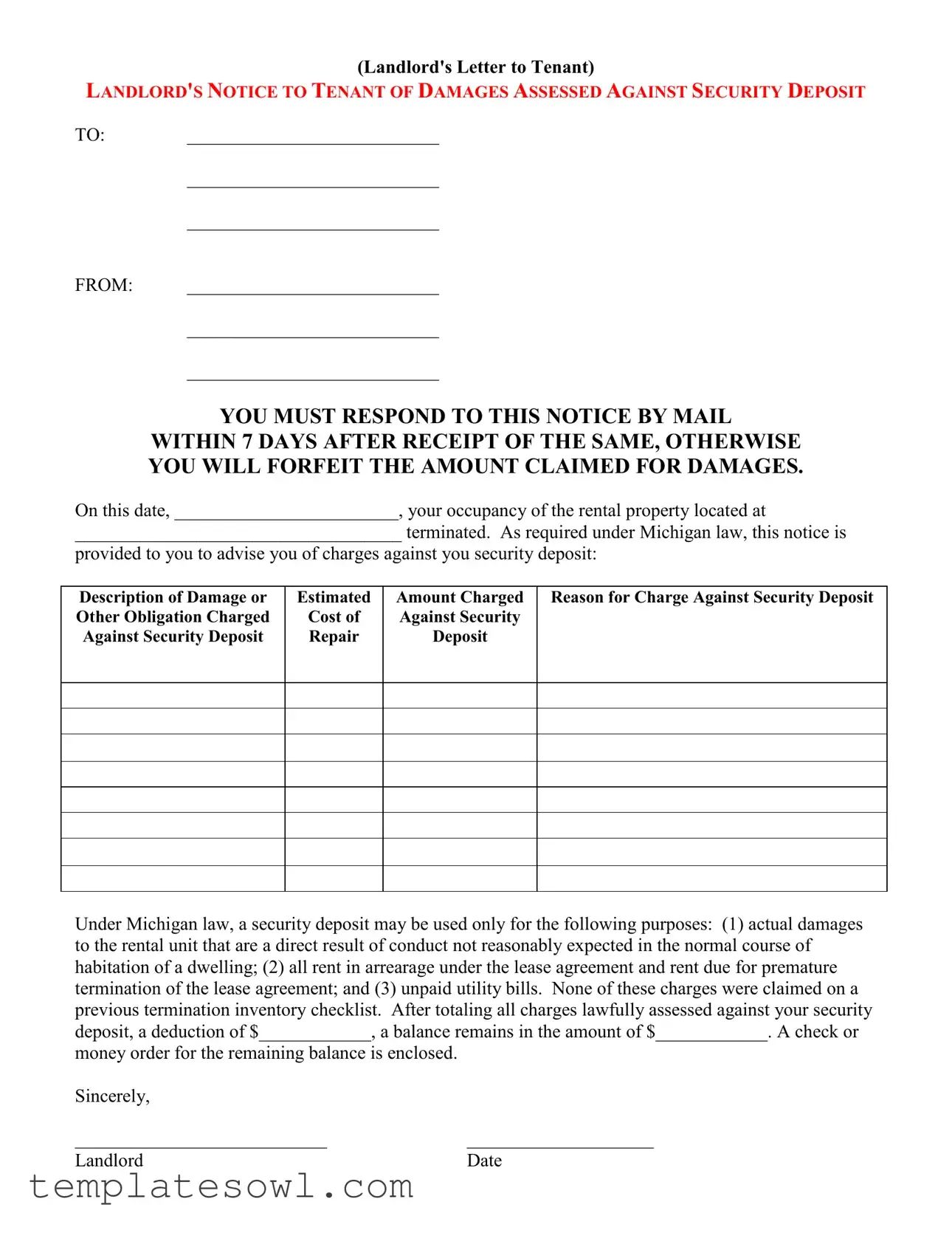 Fill Out Your Landlord Damages Letter Form