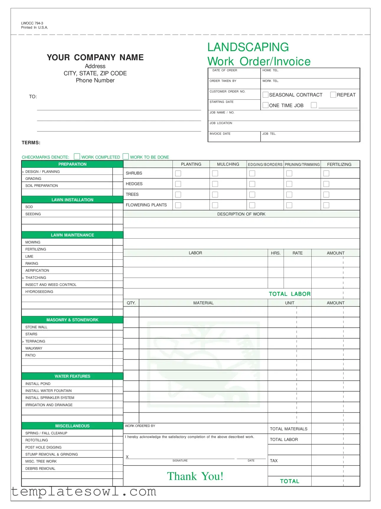 Fill Out Your Landscaping Invoice Form