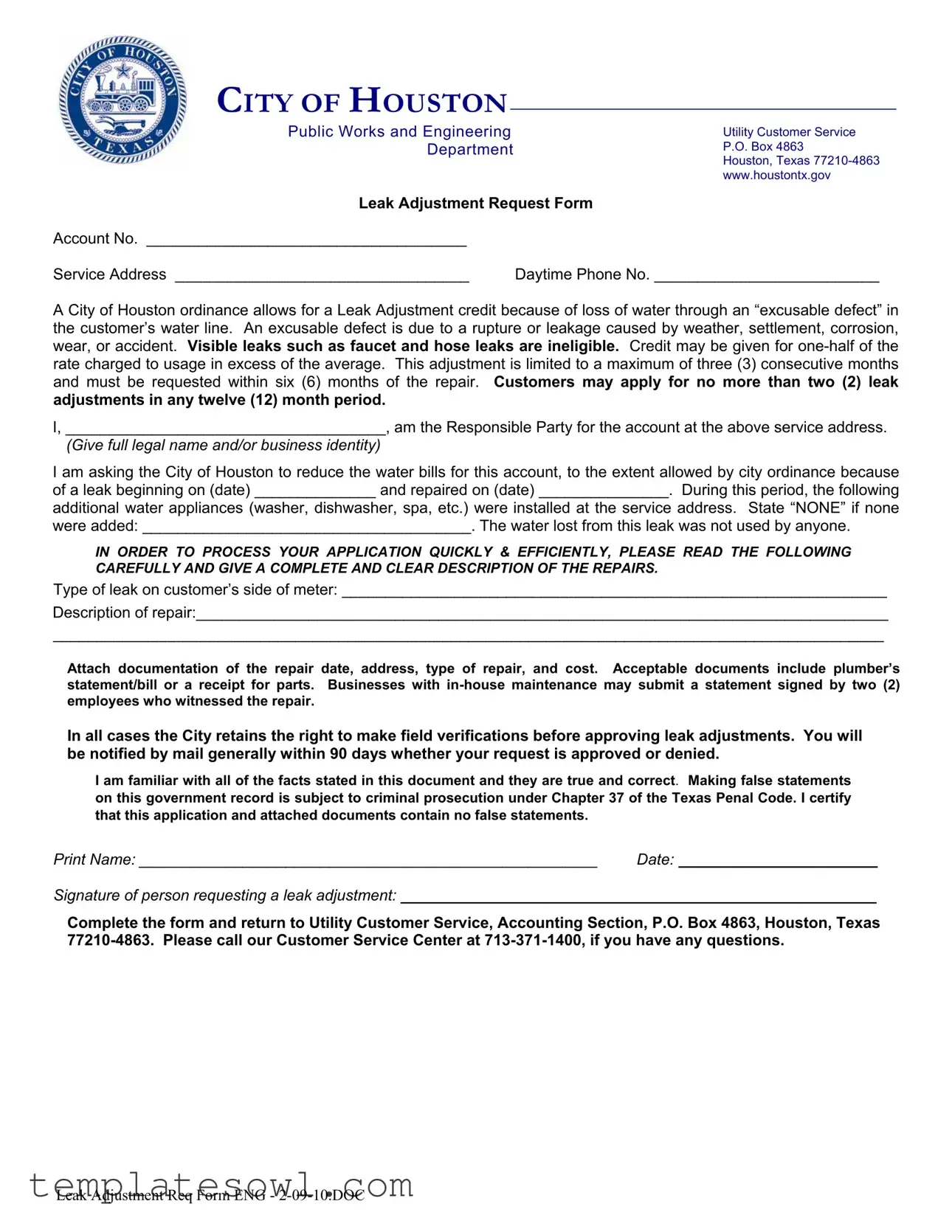 Fill Out Your Leak Adjustment Form