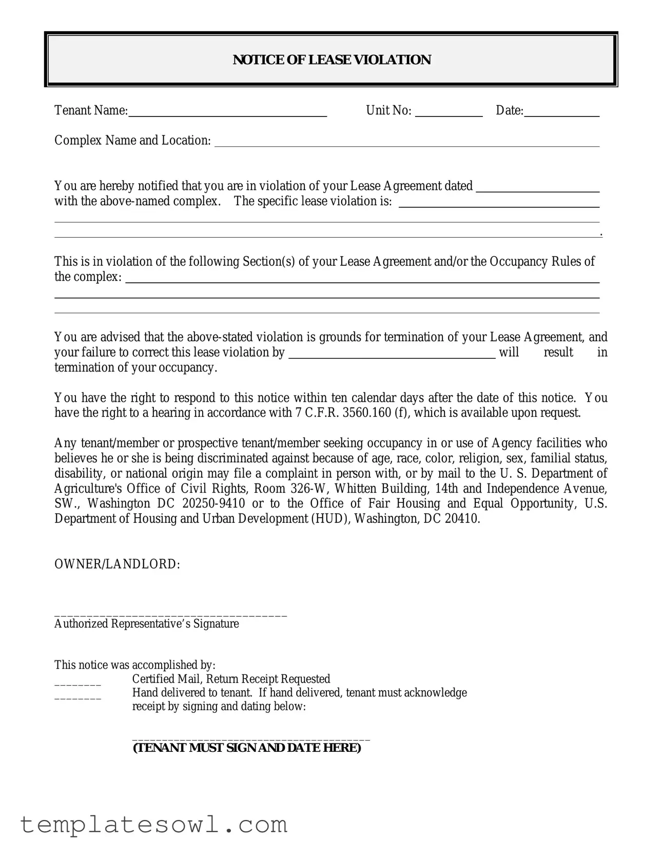Fill Out Your Lease Violation Form