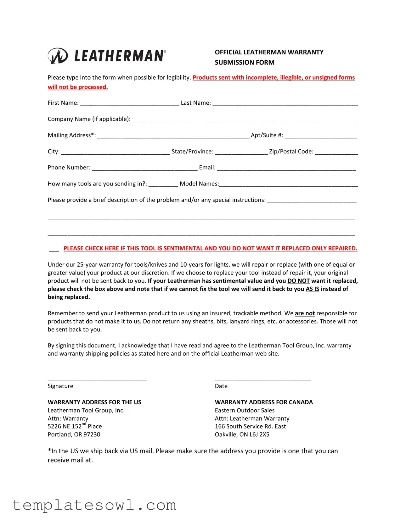 Fill Out Your Leatherman Warranty Form