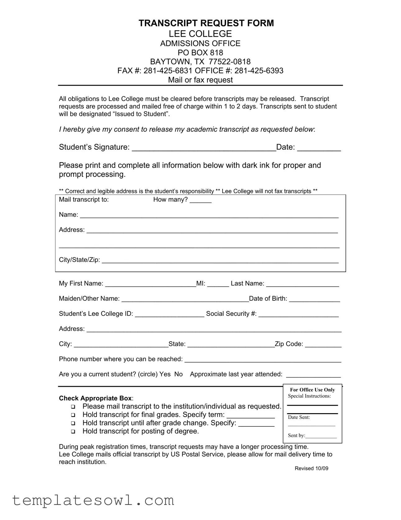 Fill Out Your Lee College Transcript Request Form