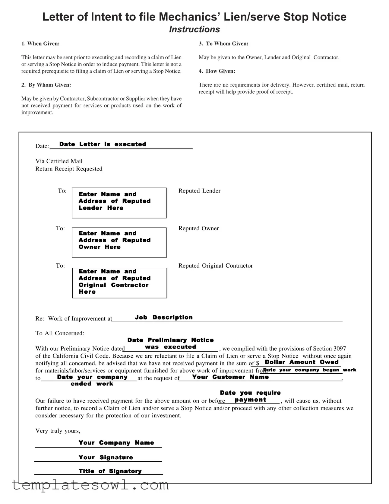Fill Out Your Letter Of Intent Lien Form