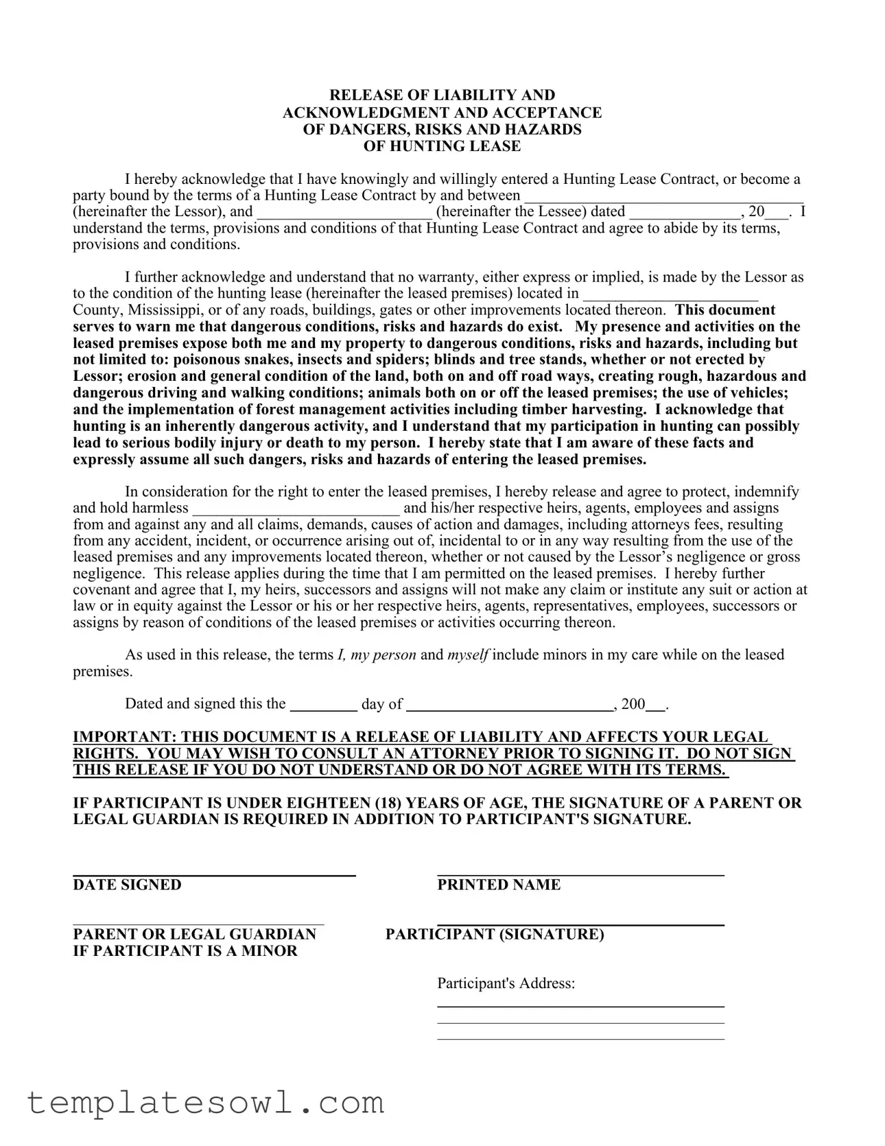 Fill Out Your Liability Hunting Form