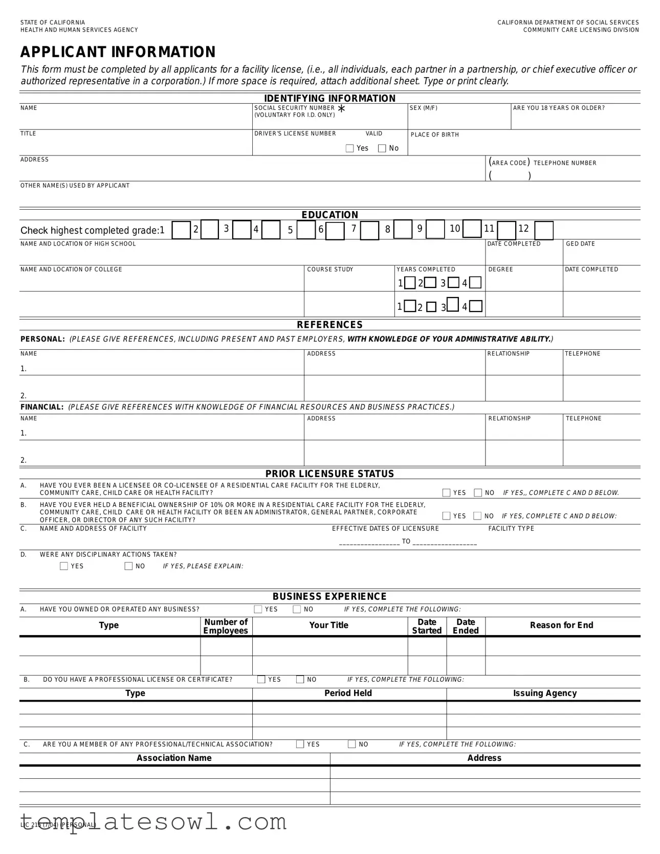 Fill Out Your Lic 215 Form