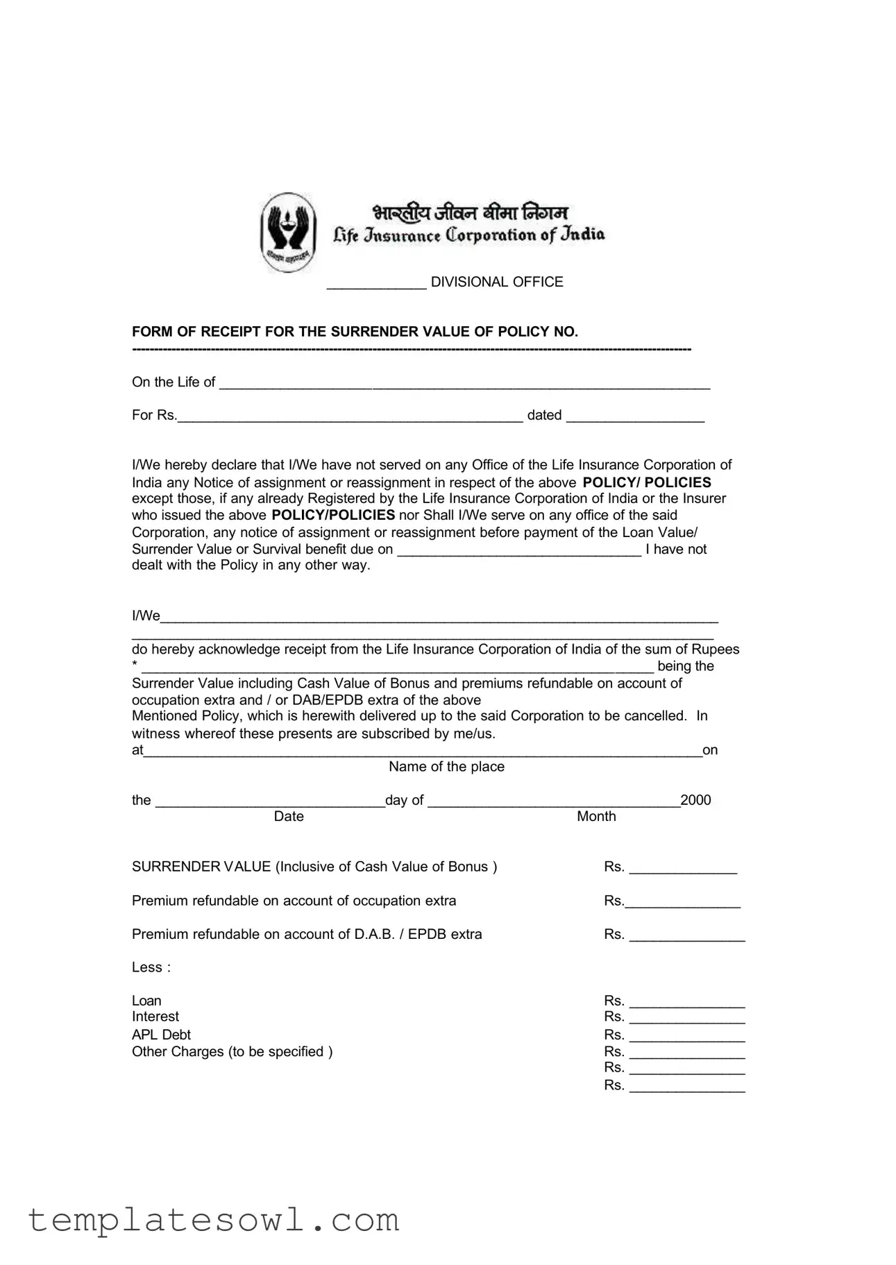 Fill Out Your Lic Surrender Form