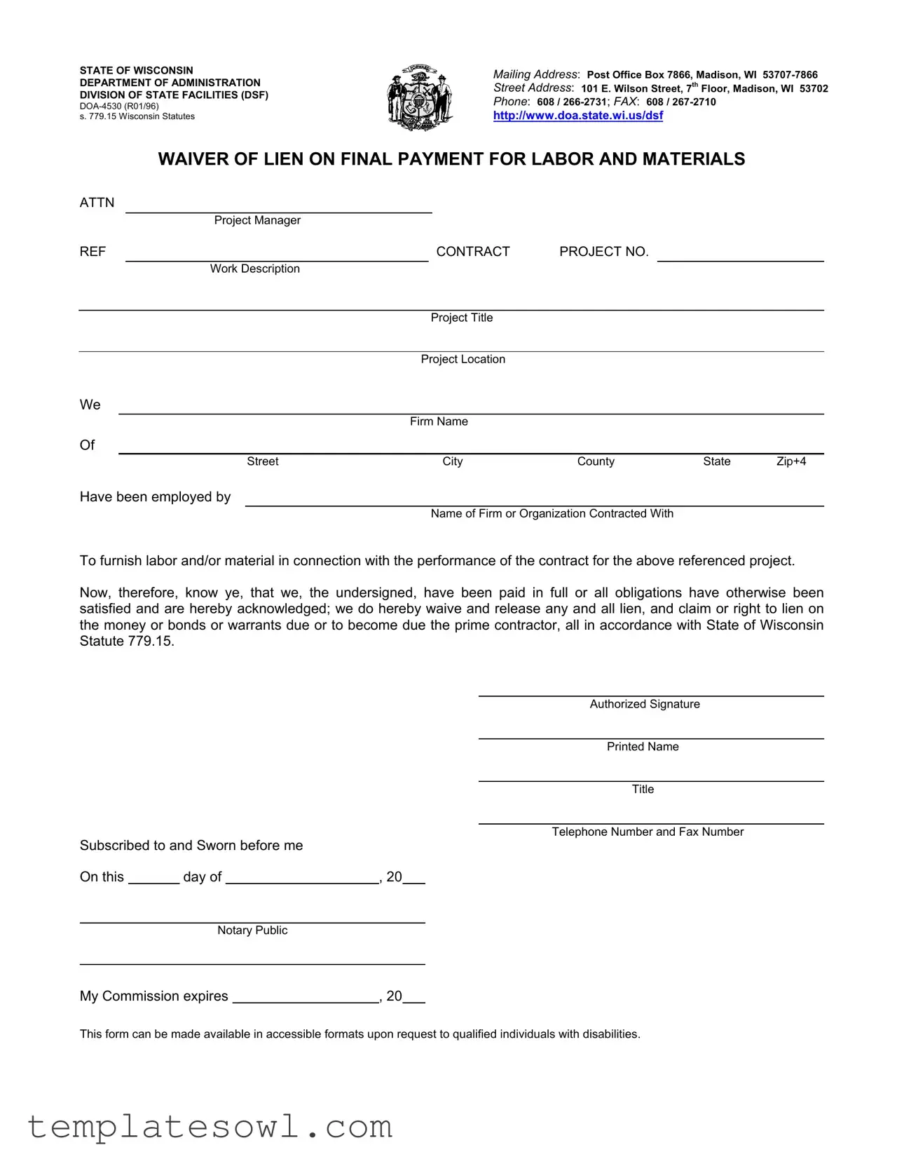 Fill Out Your Lien Waiver Wisconsin Form