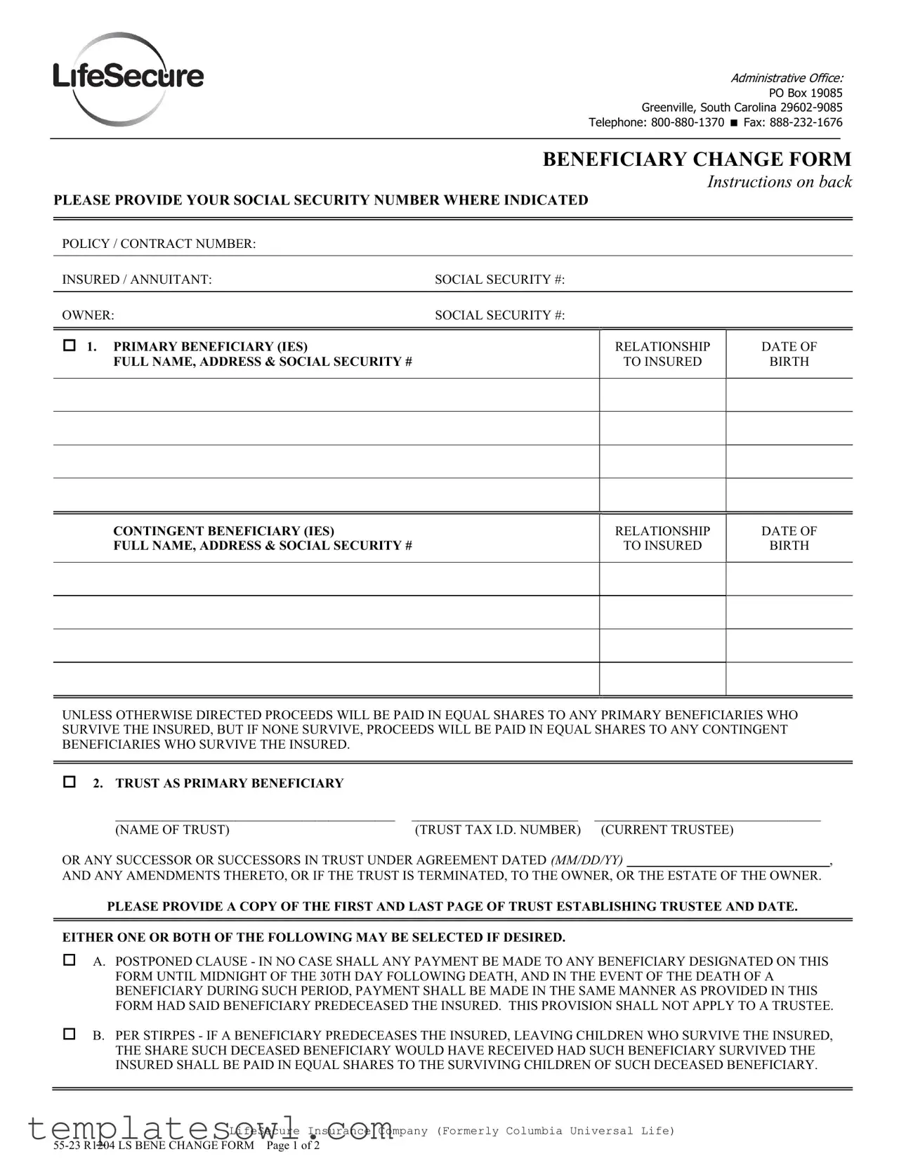 Fill Out Your Lifesecure Beneficiary Change Form