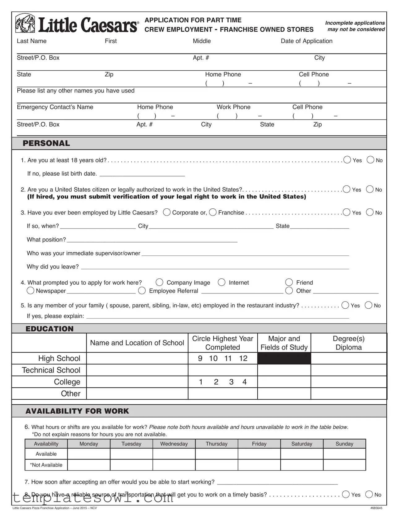 Fill Out Your Little Caesars Job Application Form