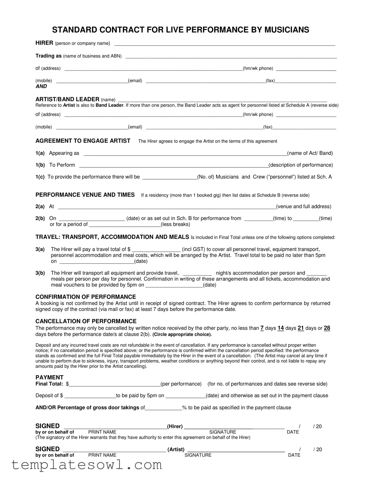 Fill Out Your Live Performance Contract Form