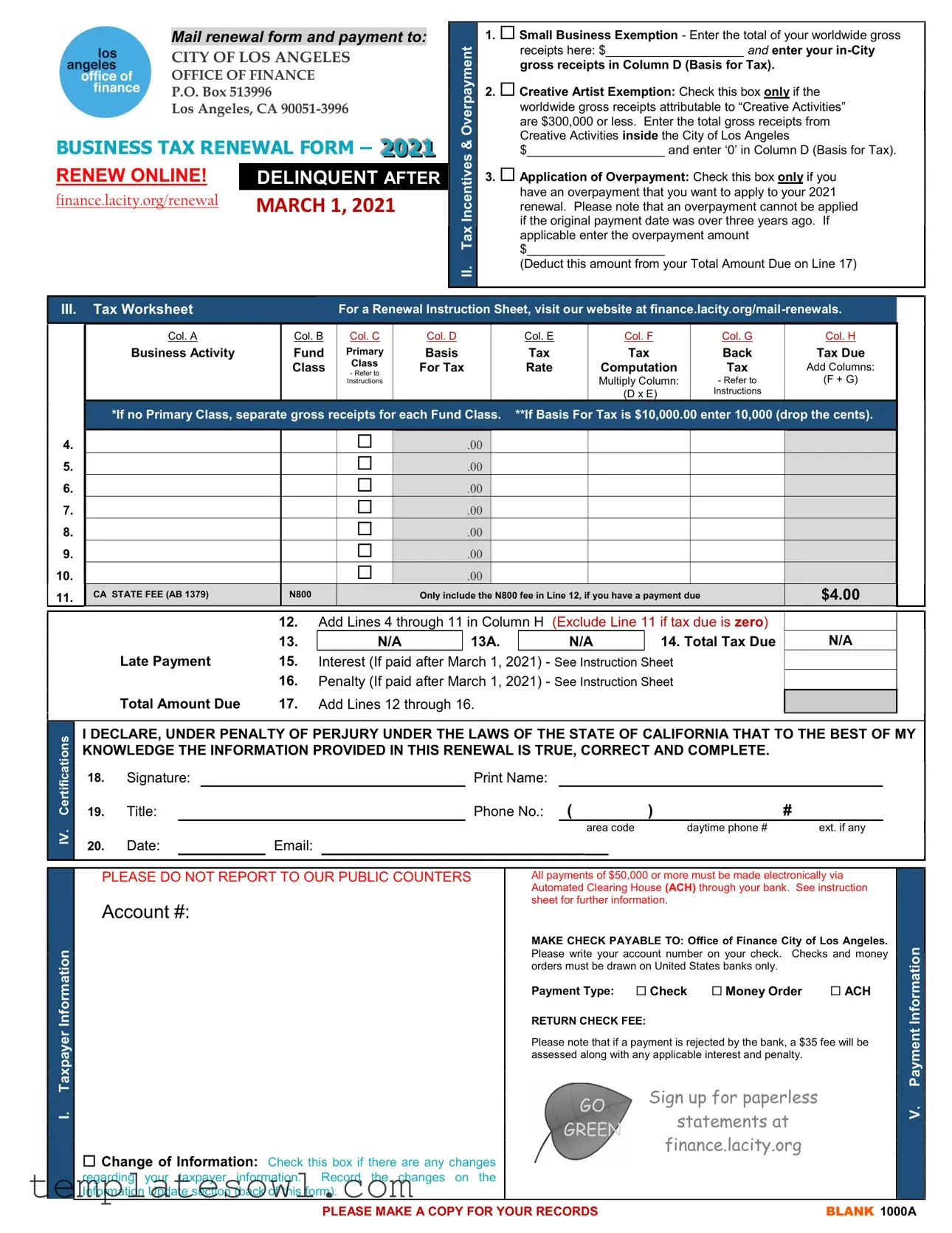 Fill Out Your Los Angeles 1000A Form