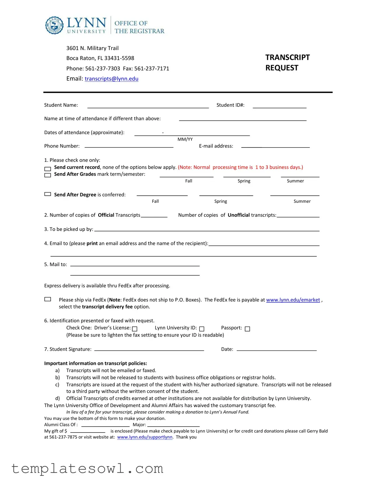 Fill Out Your Lynn University Transcript Request Form