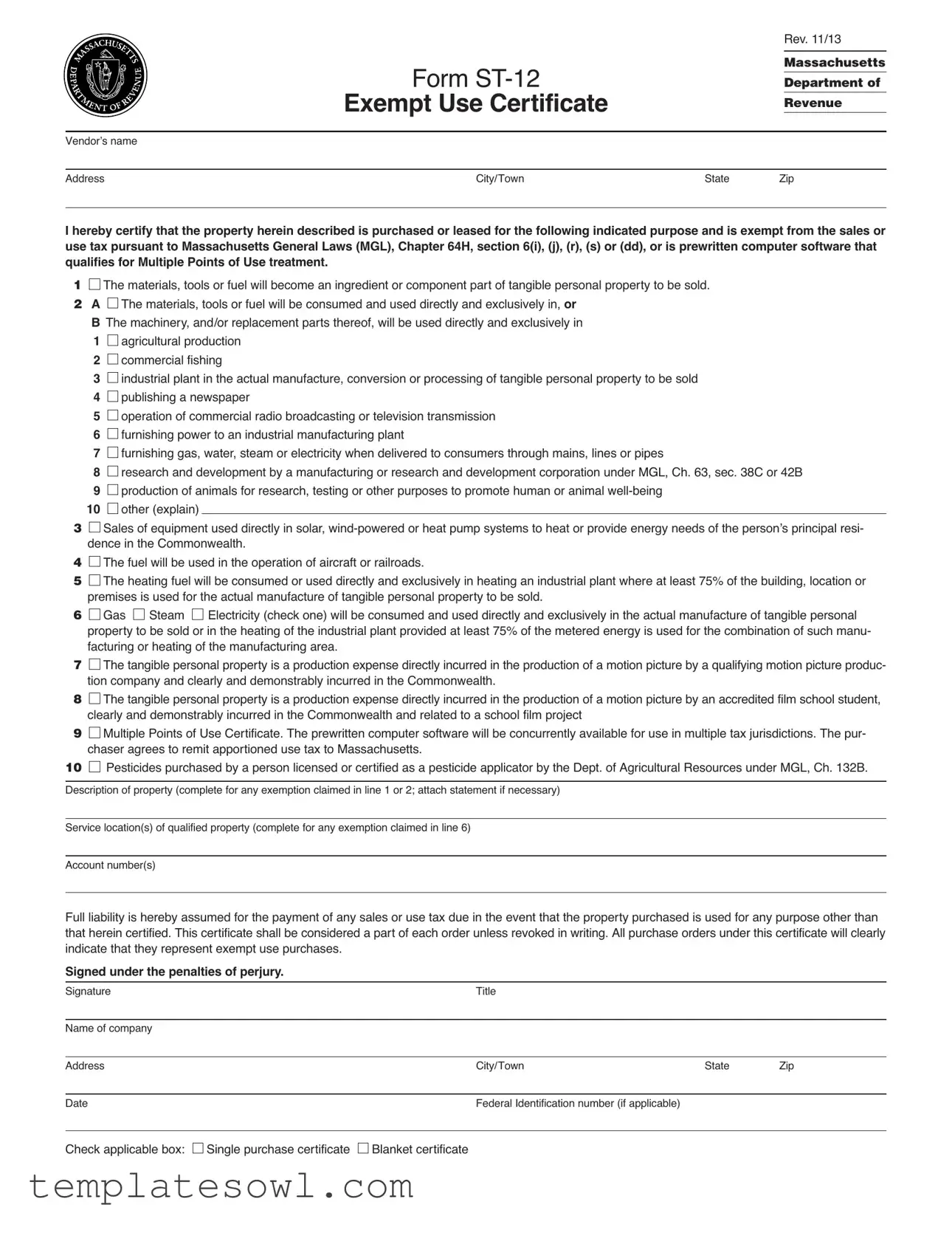 Fill Out Your Ma Exempt St 12 Form