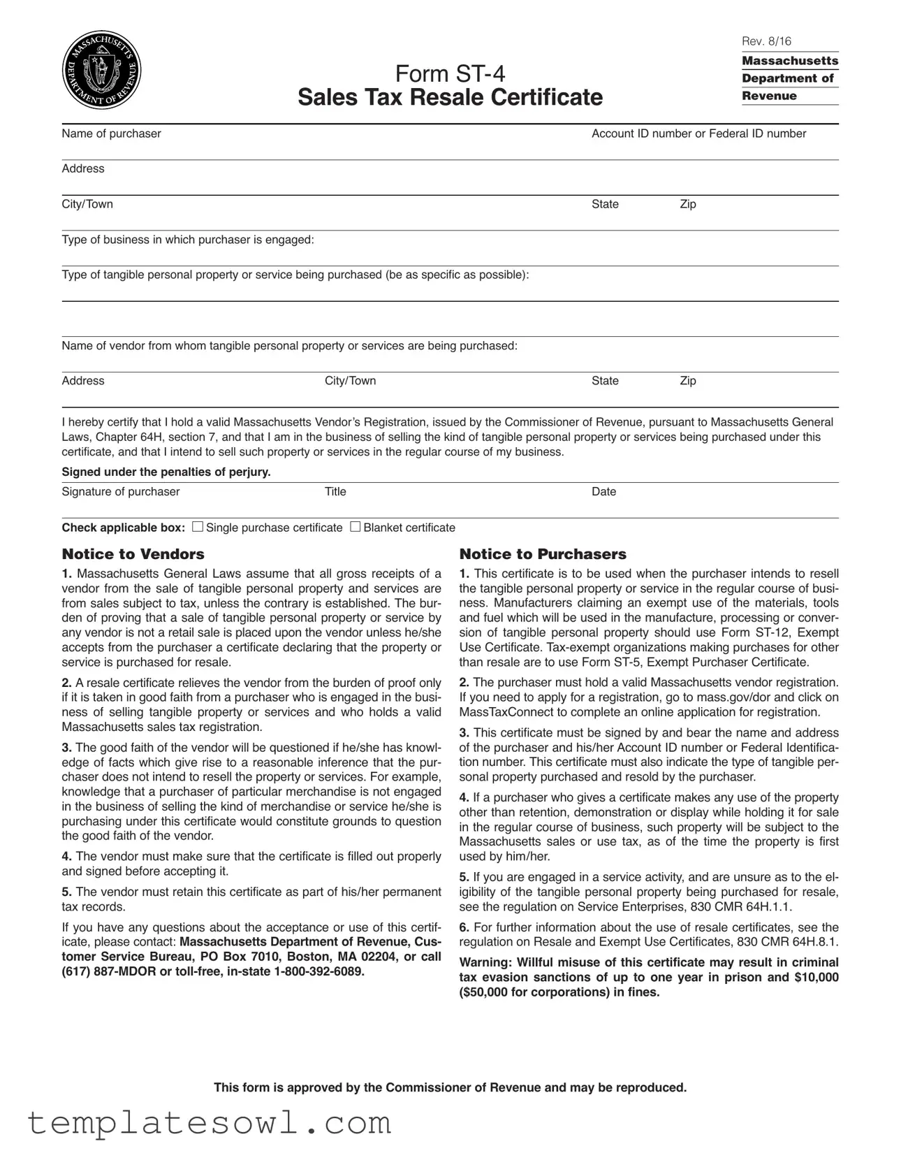 Fill Out Your Ma Resale Certificate Form