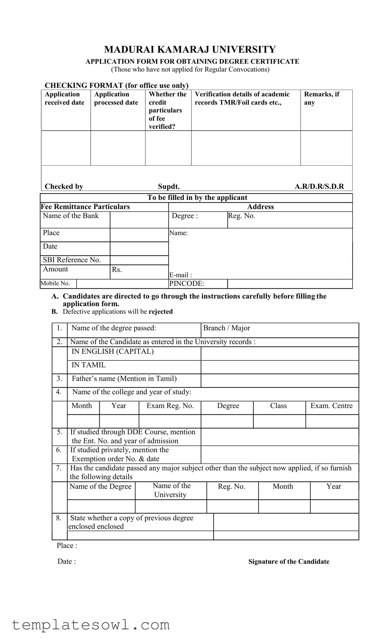 Fill Out Your Madurai Kamaraj University Degree Form