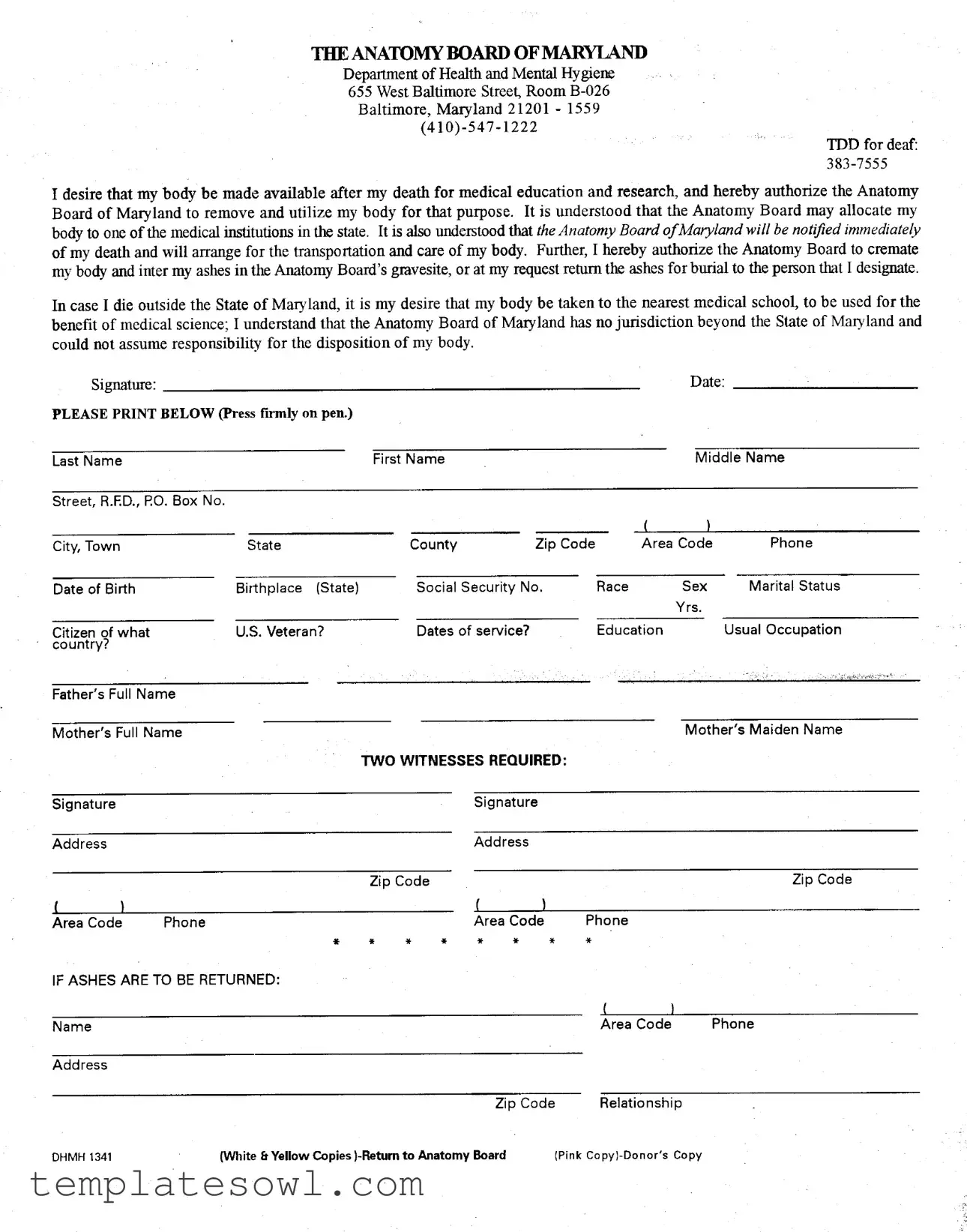 Fill Out Your Maryland Anatomy Form