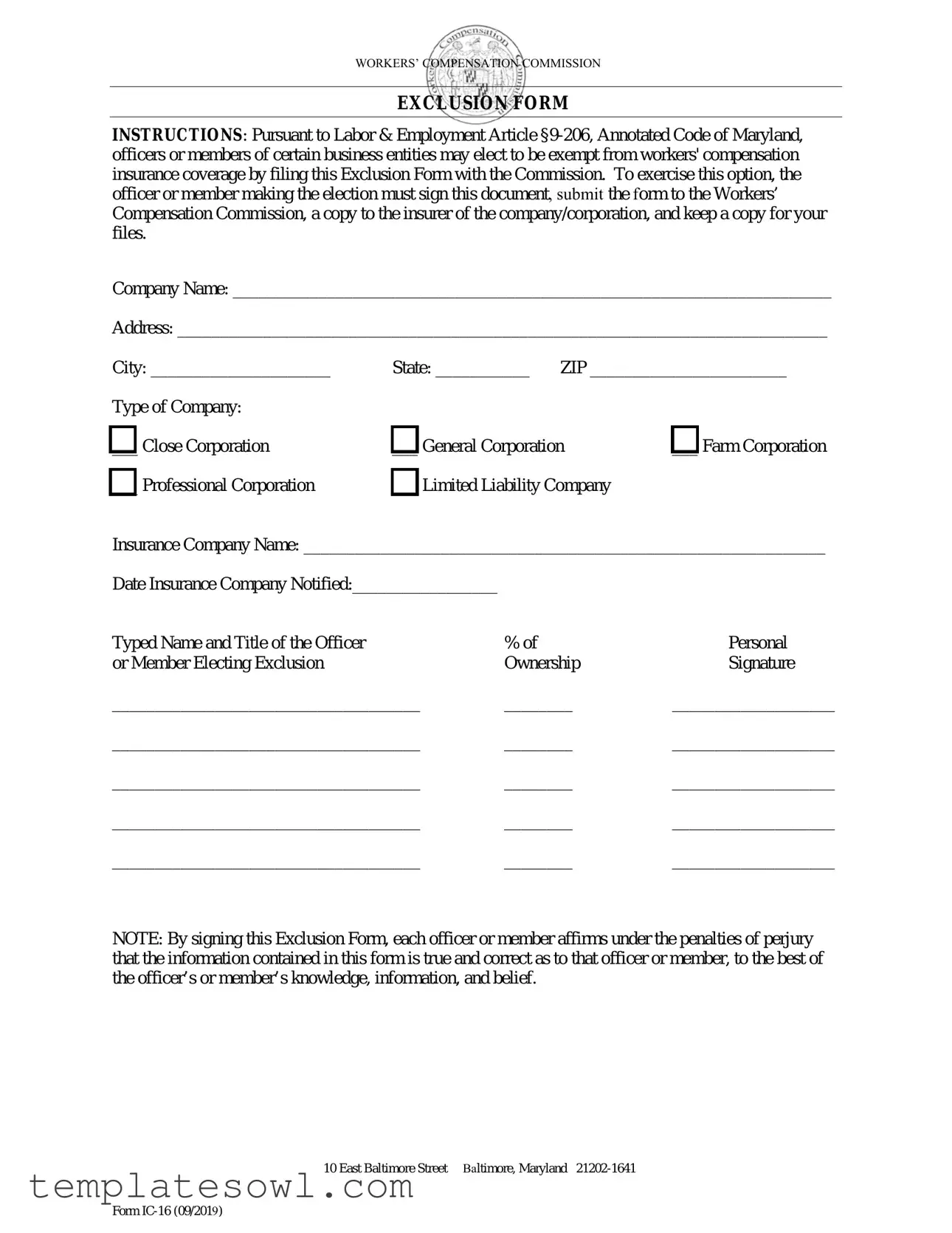 Fill Out Your Maryland Exclusion Form
