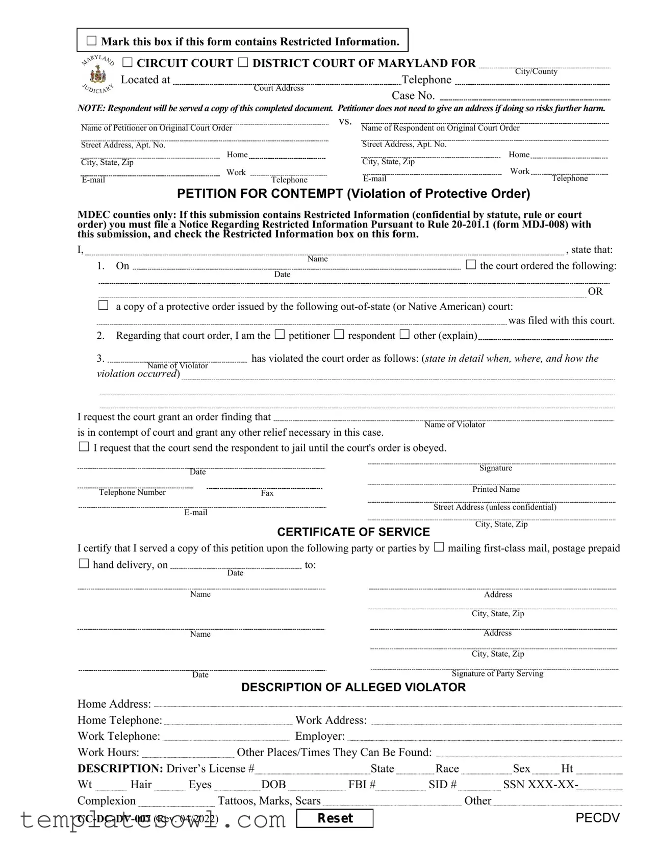 Fill Out Your Maryland Petition For Contempt Form