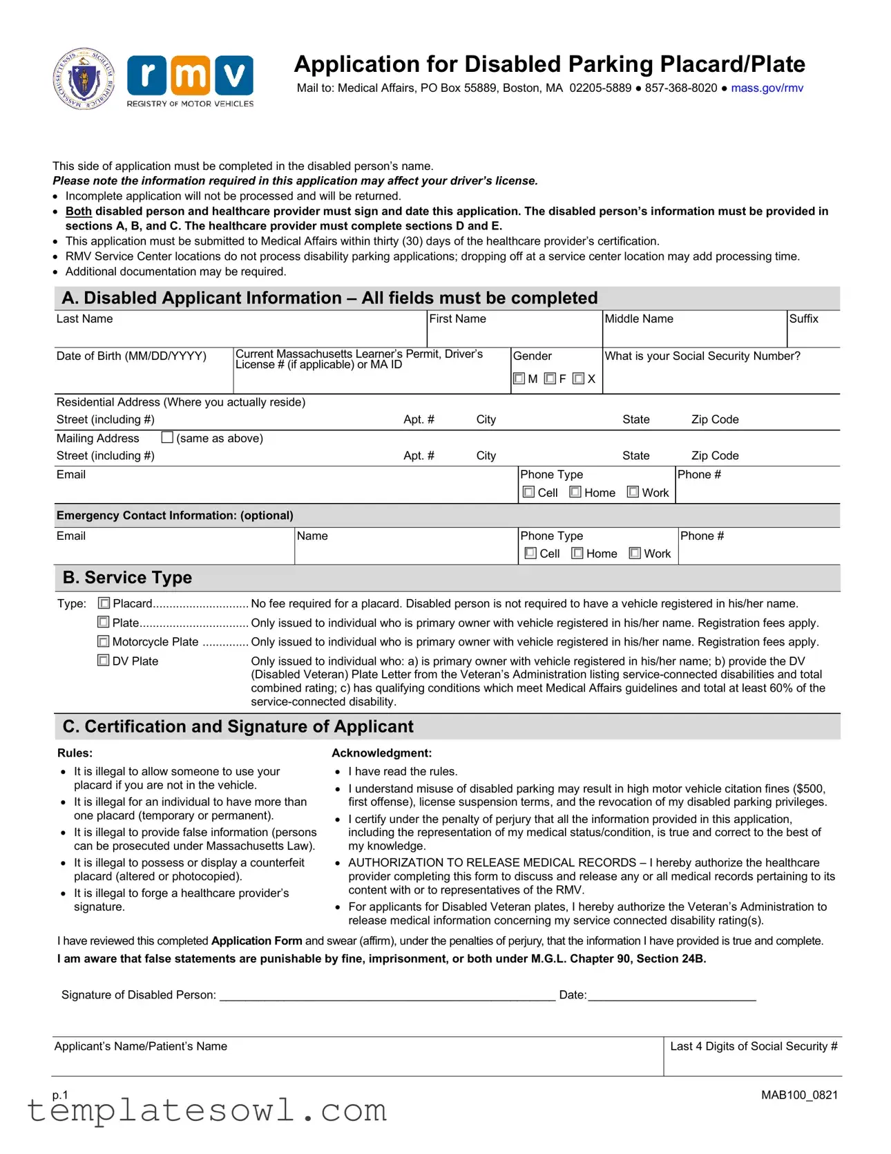Fill Out Your Massachusetts Disabled Parking App Form