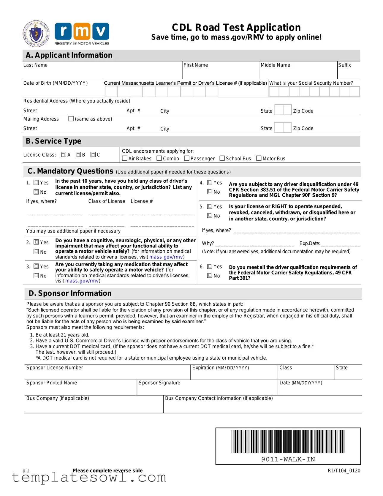 Fill Out Your Massdot Cdl Road Test Application Form