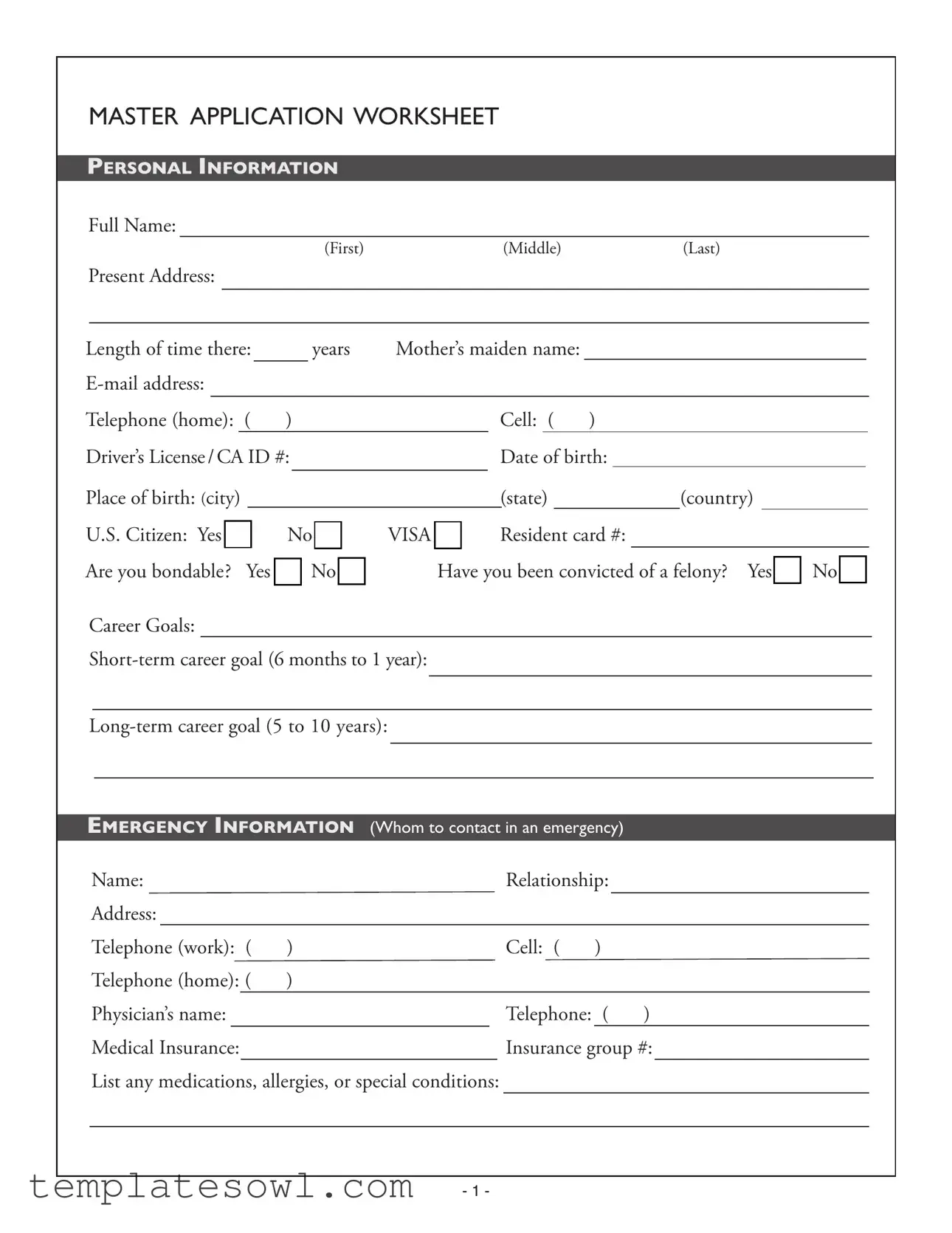 Fill Out Your Master Application Worksheet Form