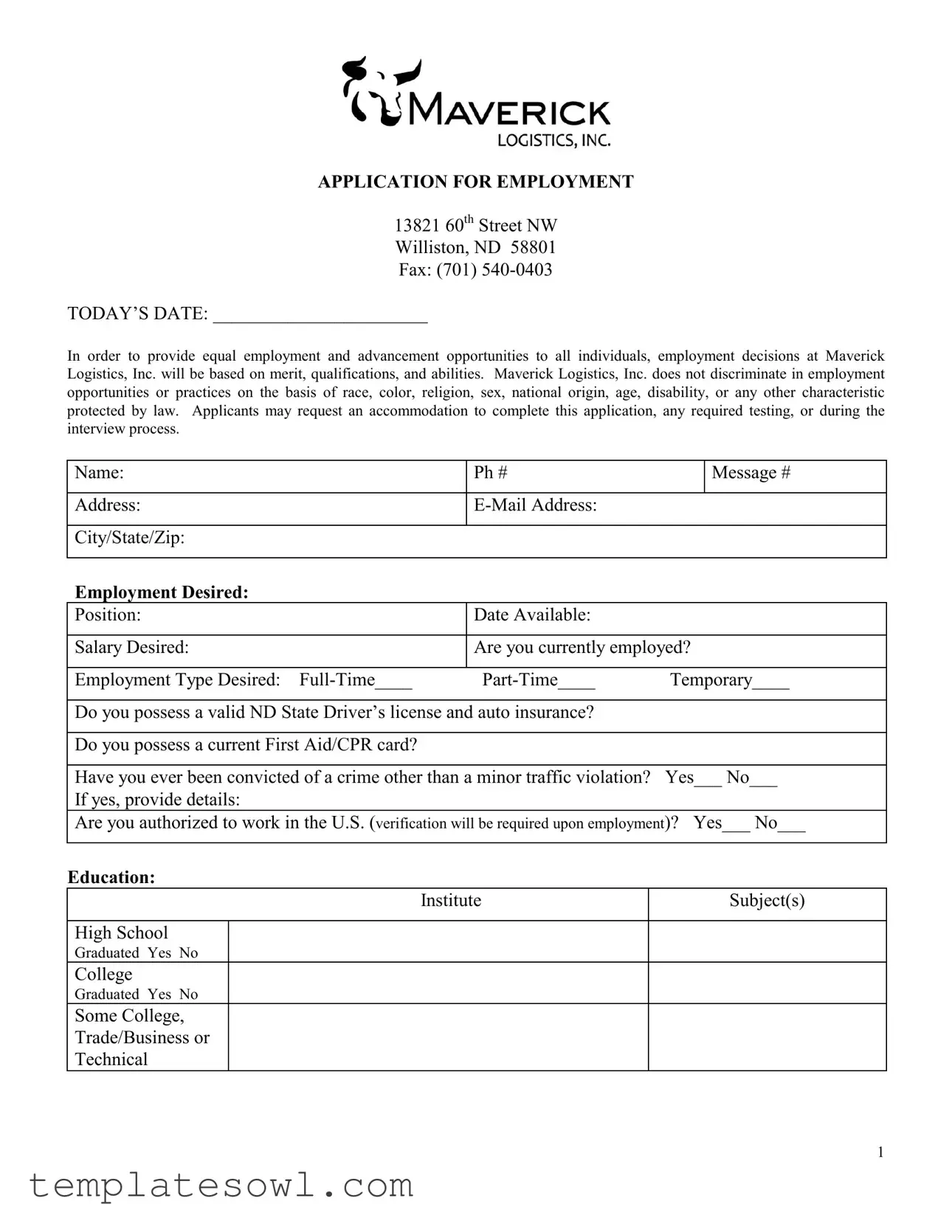 Fill Out Your Maverick Employment Application Form