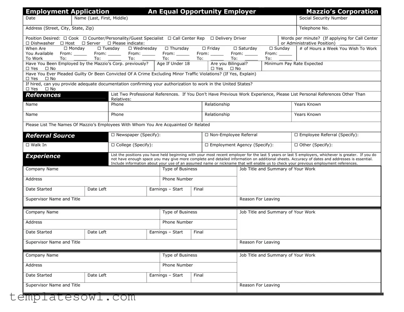 Fill Out Your Mazzios Application Form