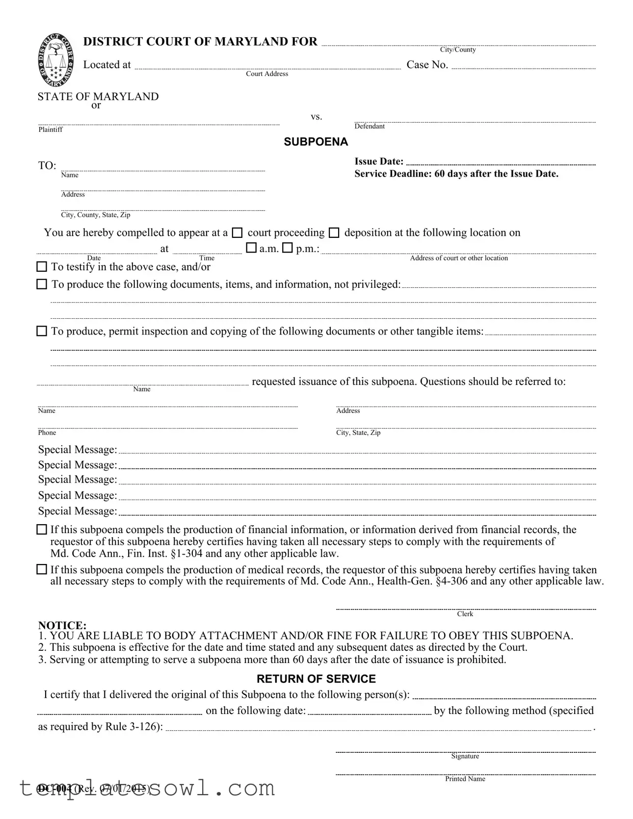 Fill Out Your Md Subpoena Form