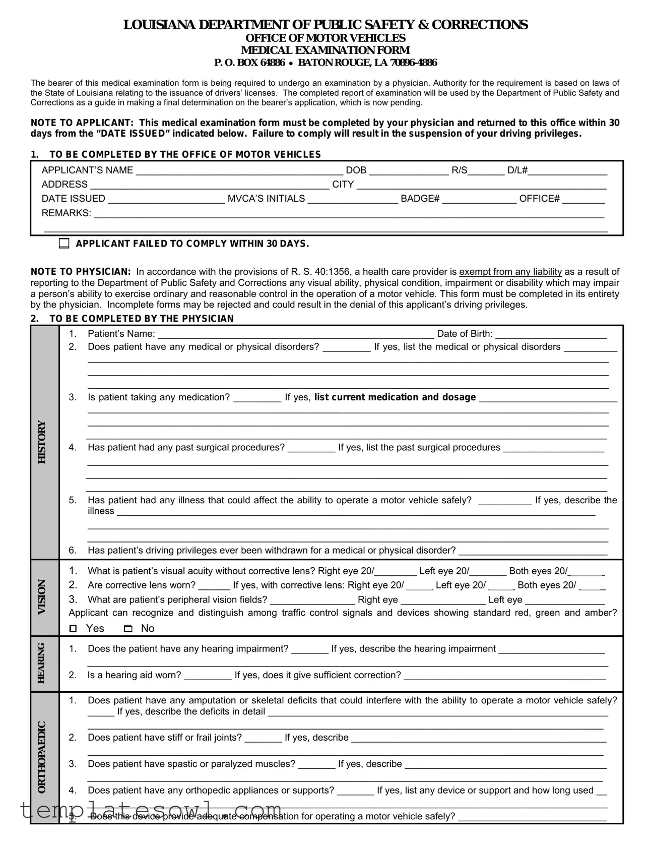 Fill Out Your Medical Examination Louisiana Form