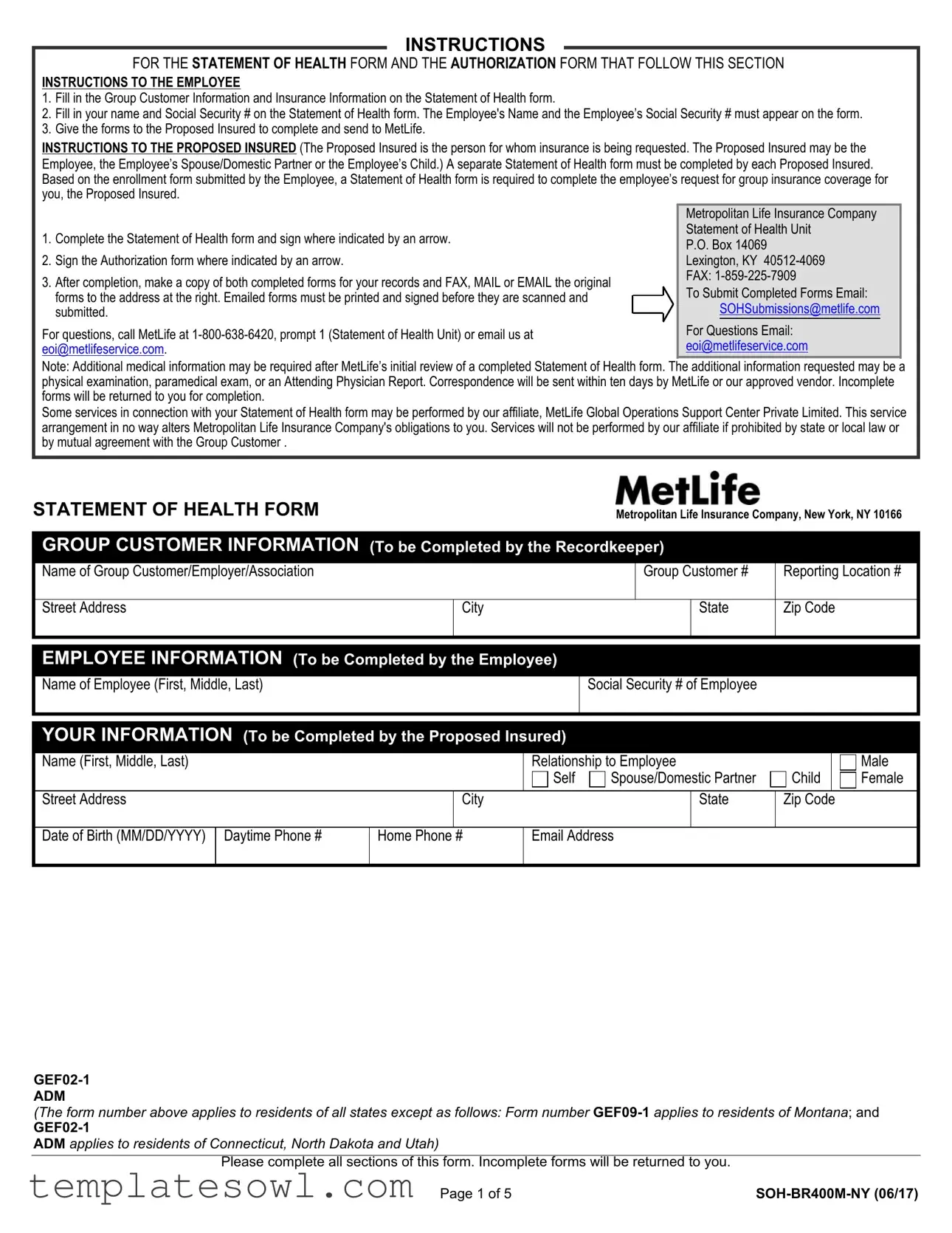 Fill Out Your Met Life Evidence Of Insurability Form