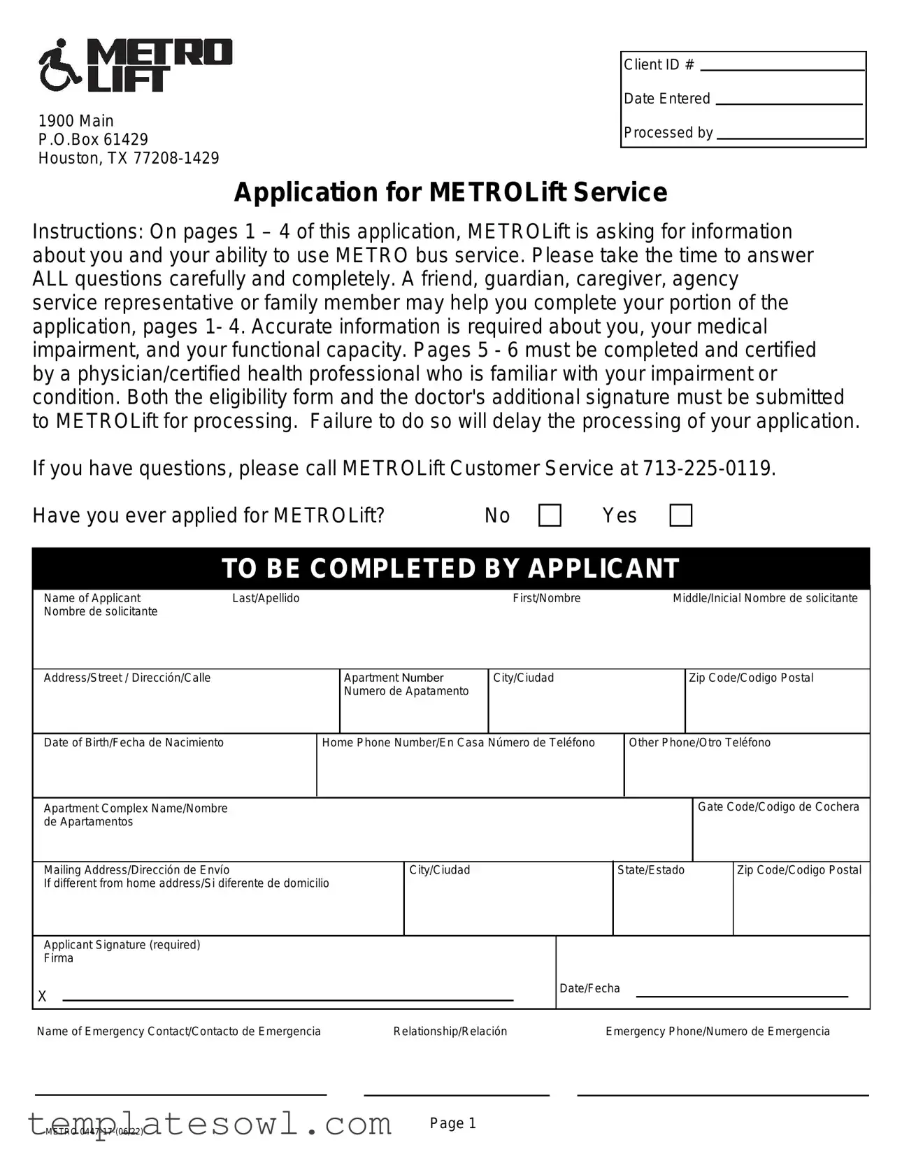 Fill Out Your Metrolift Application Form