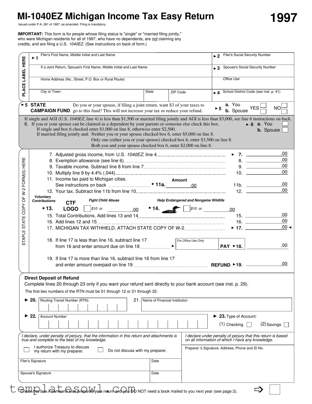 Fill Out Your Mi 1040Ez Form